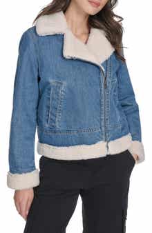 Faux Shearling Lined Denim Moto Jacket