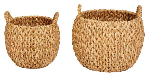 Round Hand-Woven Water Hyacinth Basket Storage with Handles