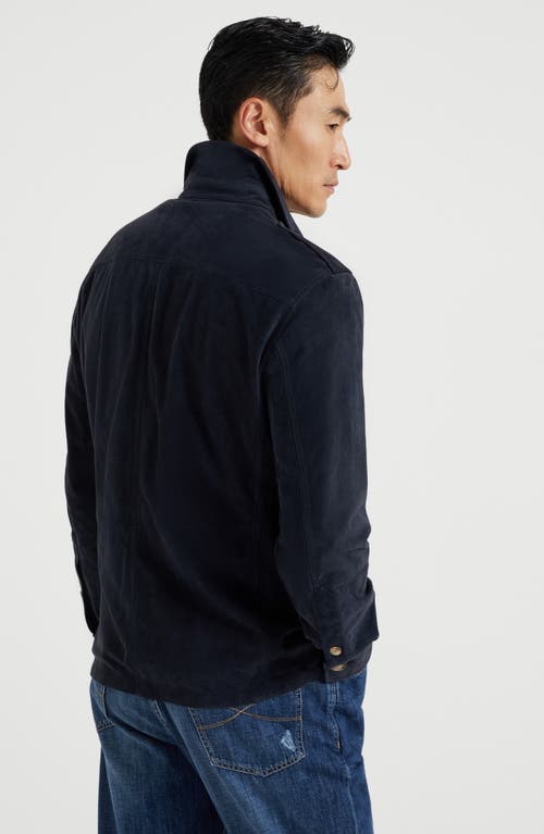 Brunello Cucinelli Suede Leather Shirt Jacket In Navy Blue