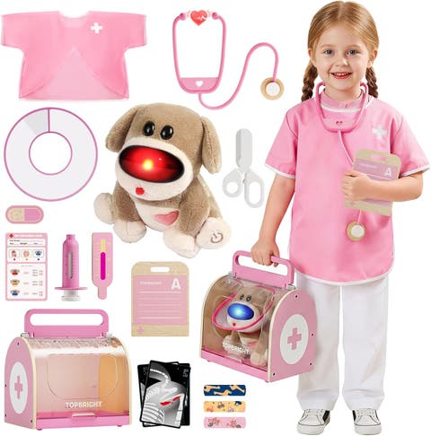Kids Pretend Play Doctor Pink Vet Costume Set