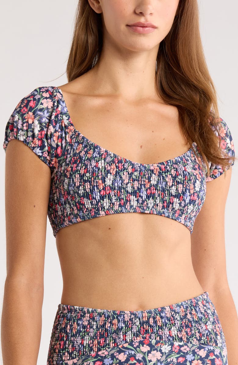Hutch Smocked Puff Sleeve Bikini Top, Main, color, Navy Garden