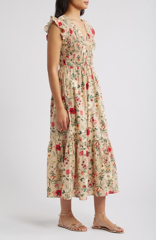 Zoe And Claire Floral Print Smocked Tiered Cotton Maxi Dress In Light Khaki Multi