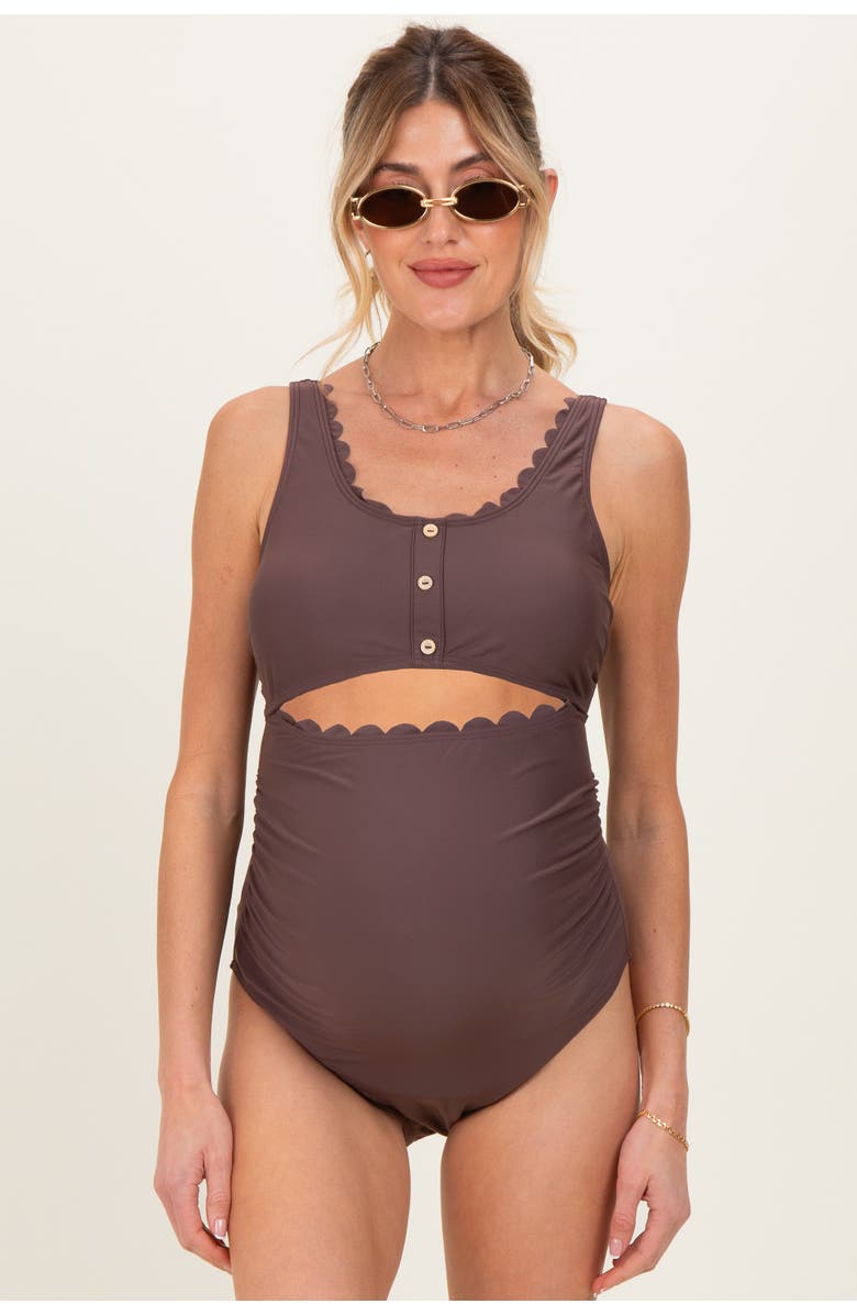 PinkBlush Scalloped Cutout Ruched One Piece Swimsuit, Main, color, Brown