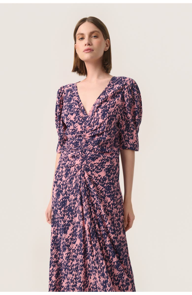 Soaked in Luxury SLSylvia V-neck Short Sleeve Midi Dress, Alternate, color, Blush Drop Print