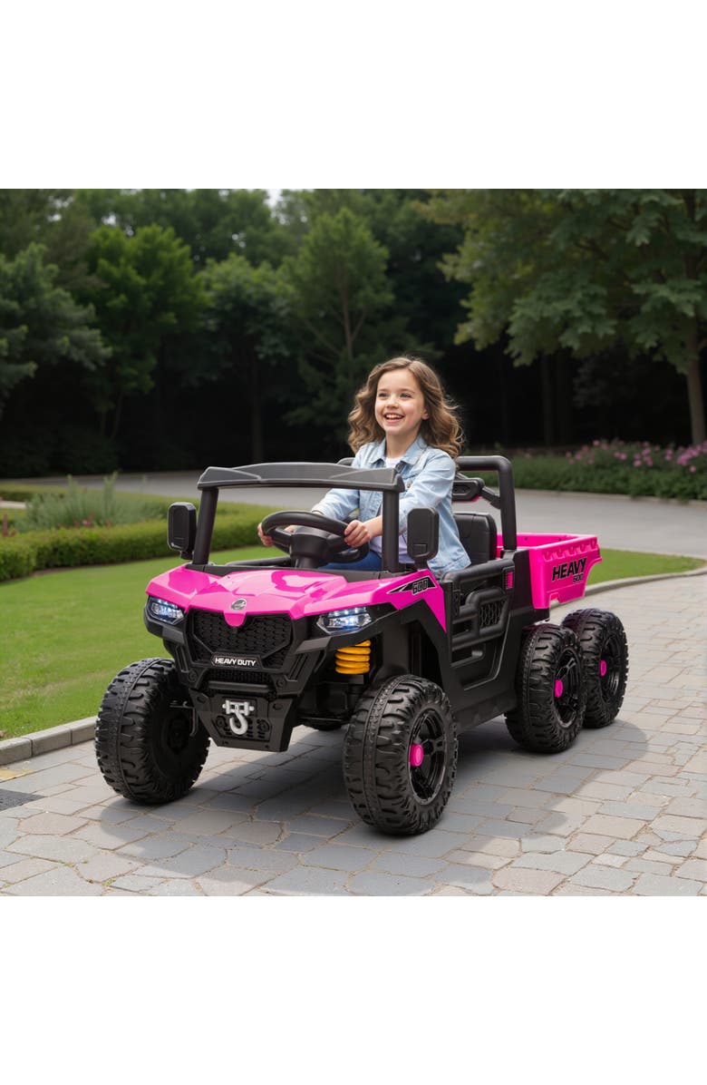Qaba 24V Kids Ride On Truck with 6 Wheels 2 Seater 4WD Electric Ride On Car with Dump Bed Remote Control Wheel Suspension for Years, Alternate, color, Pink
