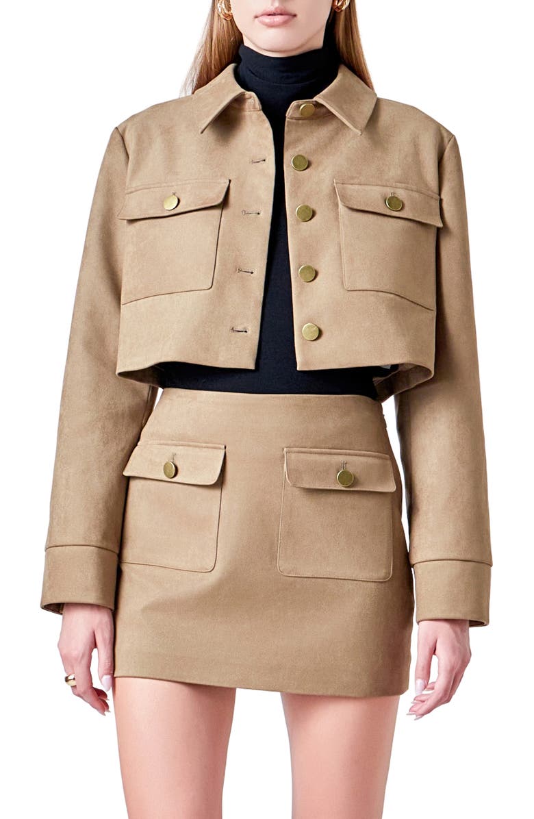 Endless Rose Faux Suede Crop Jacket, Main, color, Olive