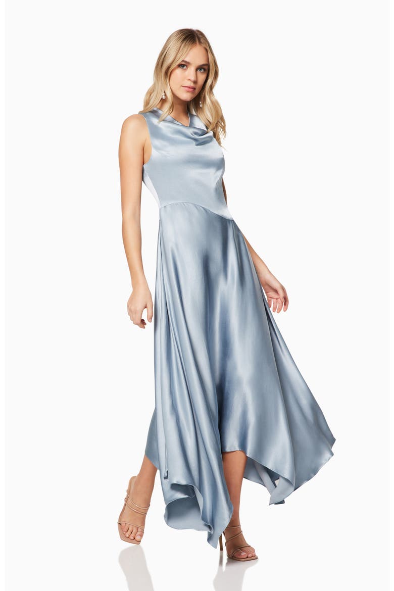 Halle Handkerchief Hem Satin Gown, Alternate, color, STONEBLUE