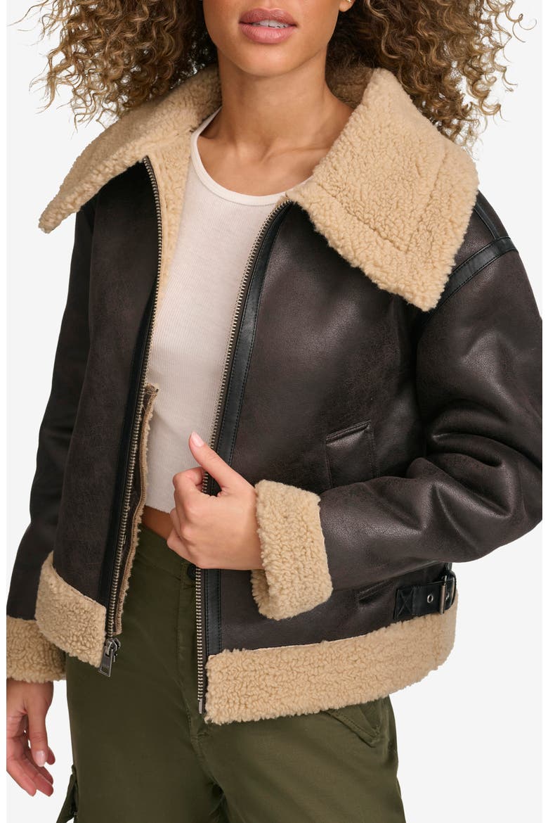 Faux Leather & Faux Shearling Bomber Jacket, Alternate, color, Molasses