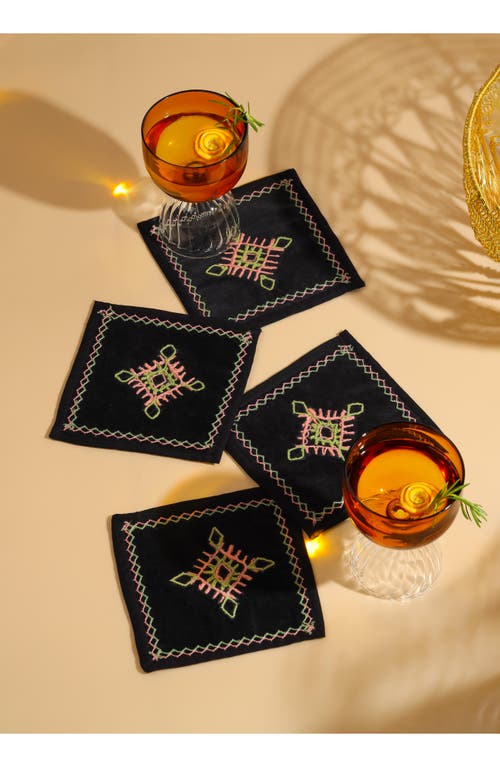 Tiramisu Embroidered Set Of 4 Cocktail Napkins In Black