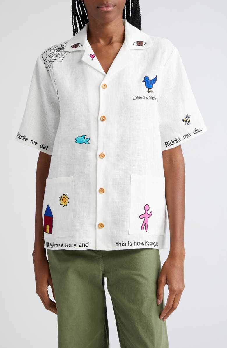 HOUSE OF AAMA Maroon Day Embroidered Linen Camp Shirt, Main, color, 