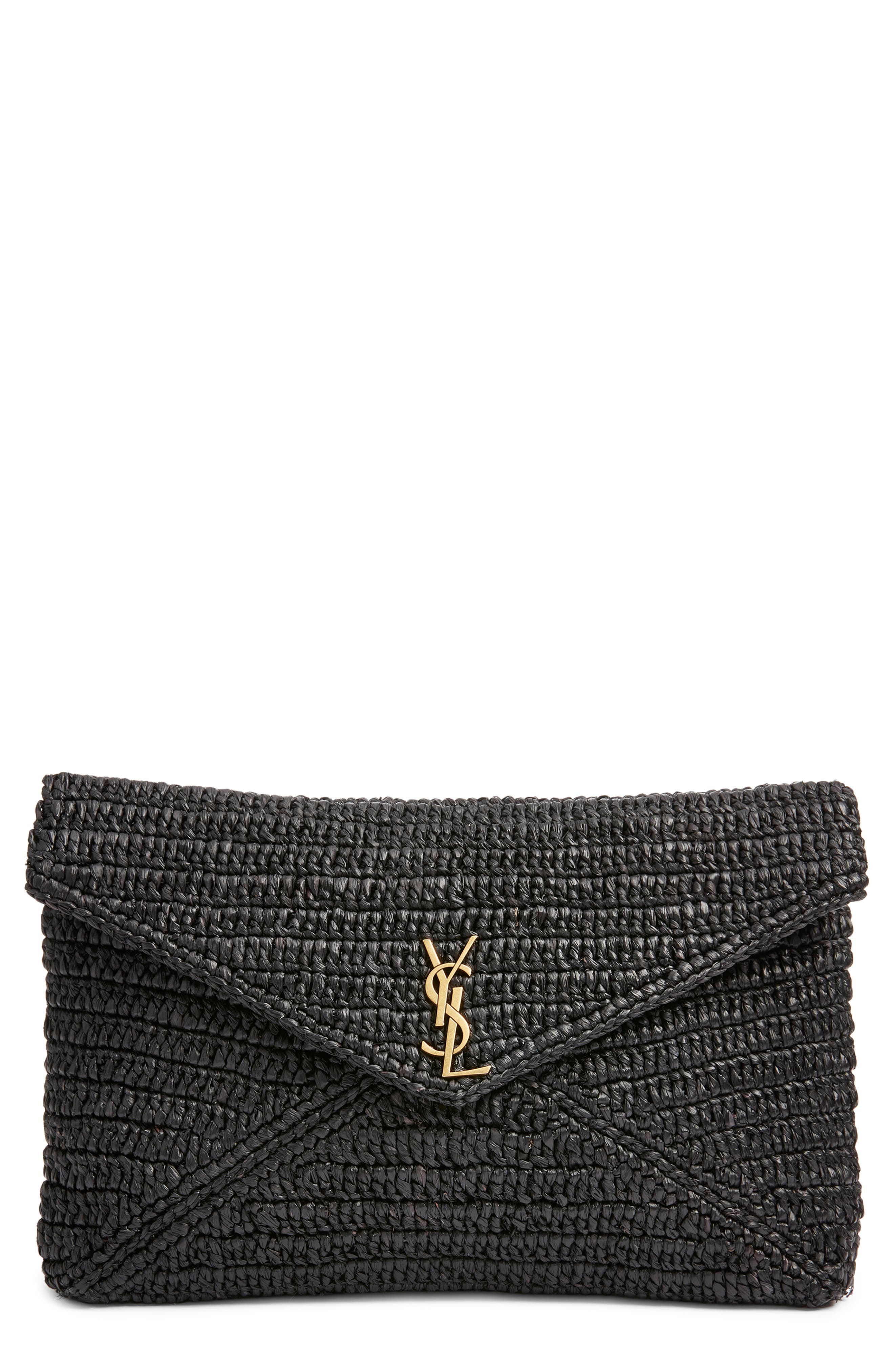 Saint Laurent Large Cassandre Raffia Envelope Clutch, Main, color, Noir