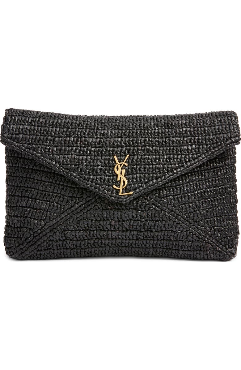 Saint Laurent Large Cassandre Raffia Envelope Clutch, Main, color, Noir