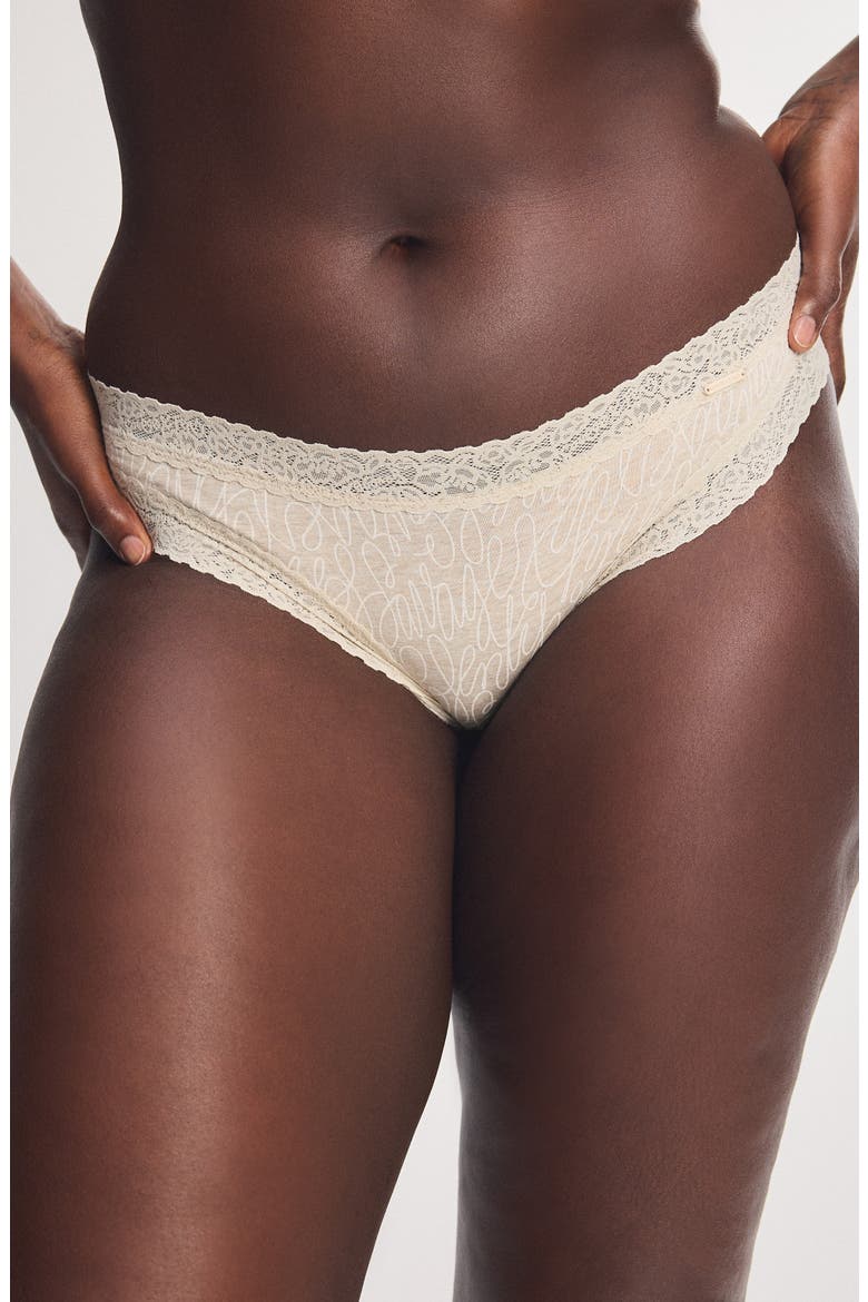 Essentials Lace Trim Stretch Cotton Cheeky Briefs, Main, color, BEIGE LATTE HEATHER SIGN OFF