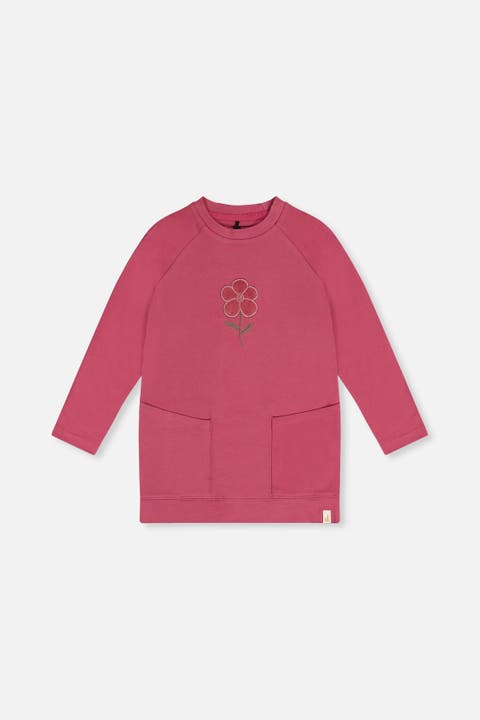 Long Raglan Sleeves Relaxed Brushed Flower Tunic Top
