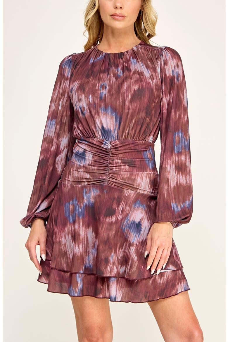 Abstract Print Long Sleeve Mesh Minidress, Alternate, color, CLAY/ PERIWINKLE
