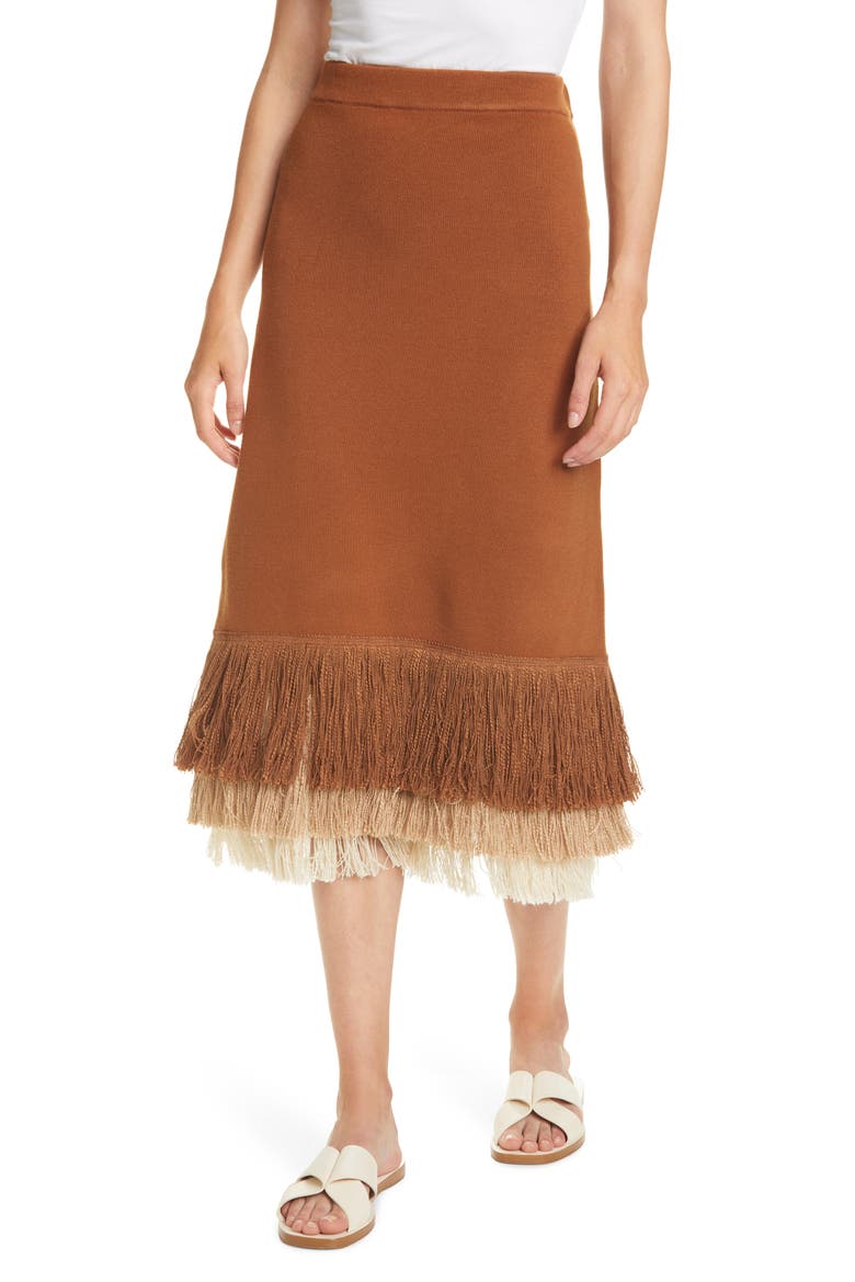 Nelly Fringe Hem Midi Skirt, Main, color, WHISKEY