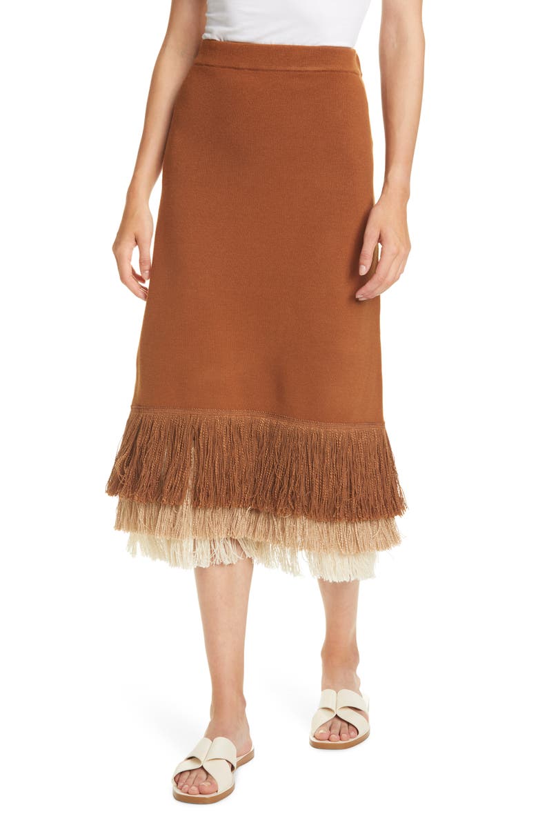 STAUD Nelly Fringe Hem Midi Skirt, Main, color,