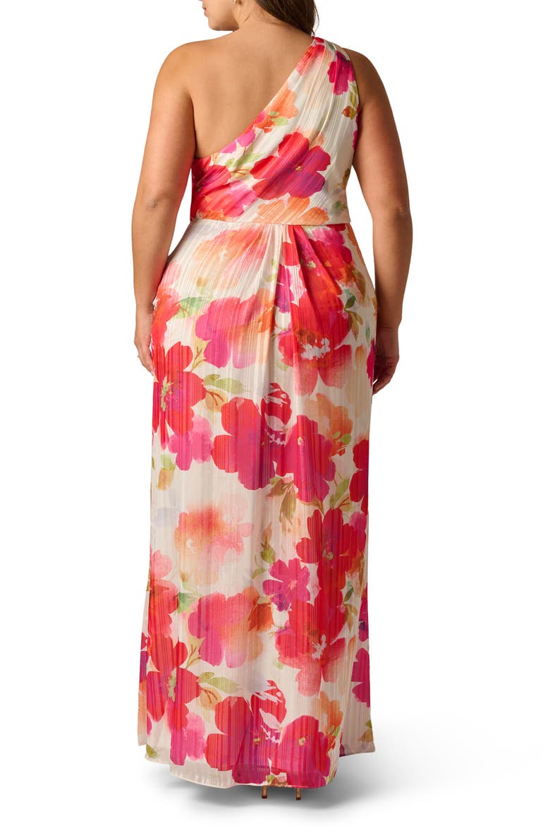 One-Shoulder Satin & Chiffon Evening Gown, Alternate, color, IVORY/ PINK MULTI