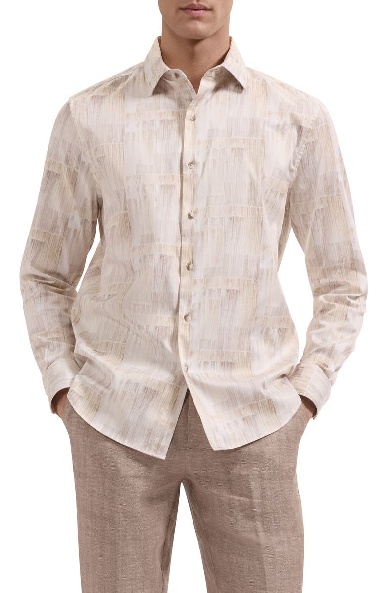Bugatchi Julian Shaped Fit Brushstroke Print Stretch Cotton Button-Up Shirt, Main, color, Almond