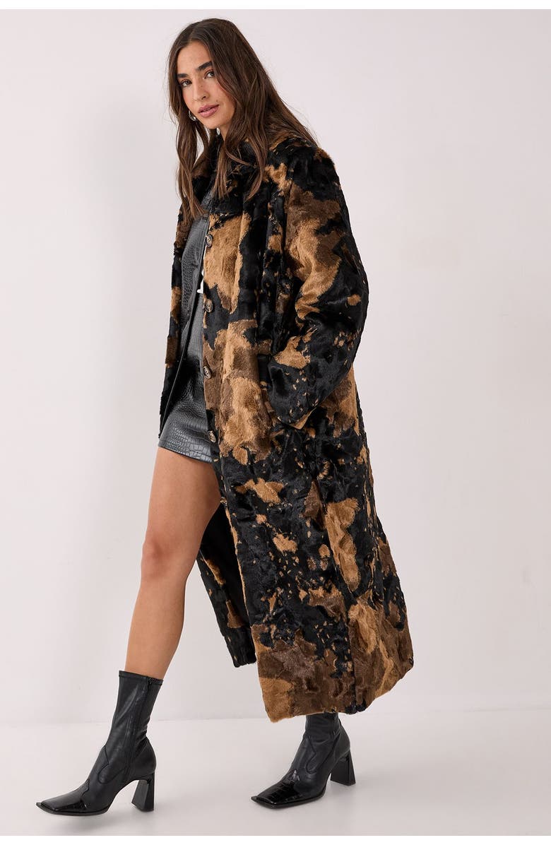 NASTY GAL Cow Print Faux Fur Longline Coat, Alternate, color, Brown