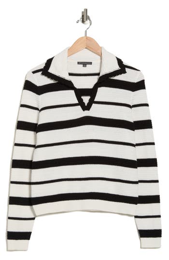 Adrianna Papell Stripe Texture Johnny Collar Polo Sweater In White