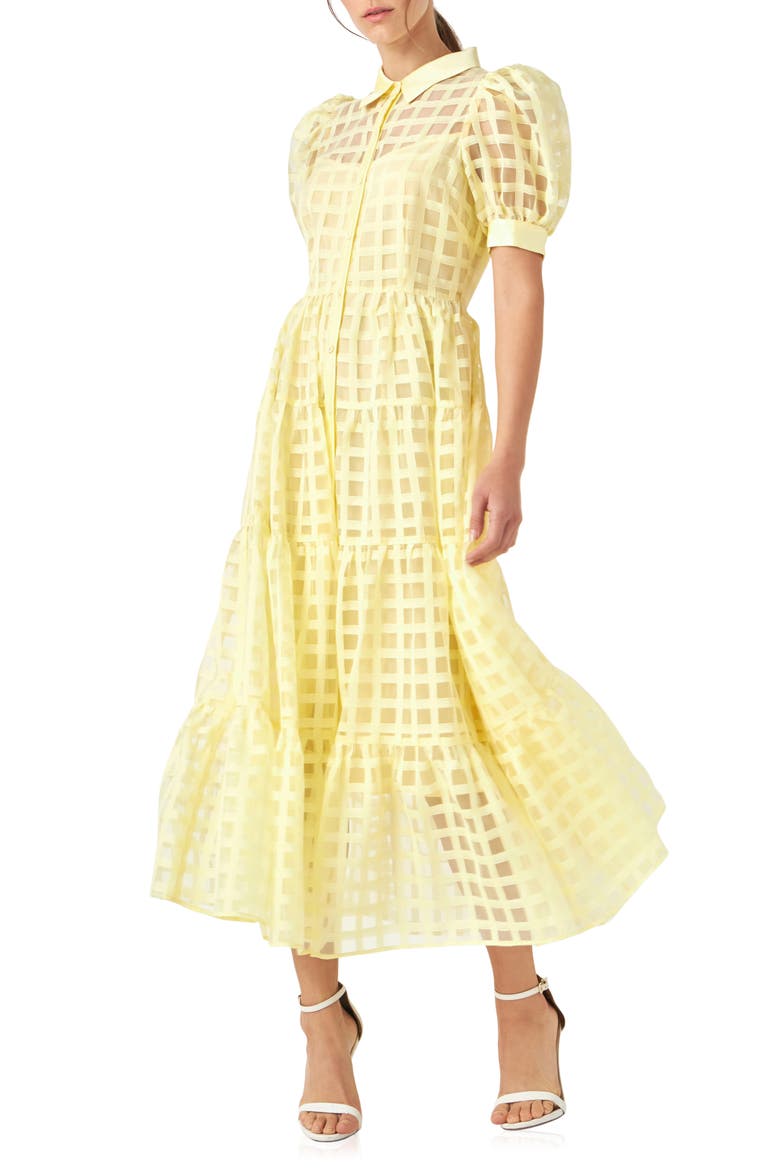Grid Pattern Tiered Midi Shirtdress, Main, color, LIGHT YELLOW