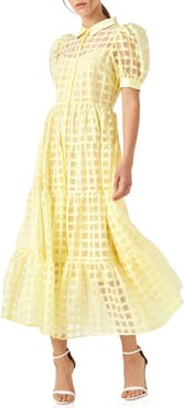 English Factory Grid Pattern Tiered Midi Shirtdress