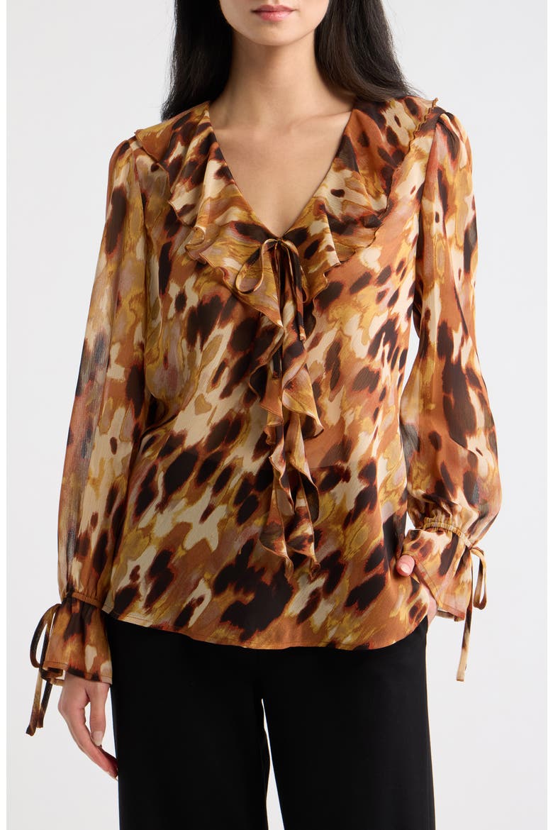 Print Ruffle Balloon Sleeve Top, Main, color, LUGGAGE ANIMAL