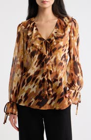 Tahari ASL Print Ruffle Balloon Sleeve Top