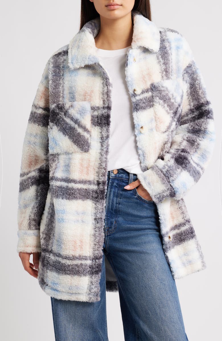 Thread & Supply Plaid Fleece Shirt Jacket, Main, color, Rose Skyblue Plaid