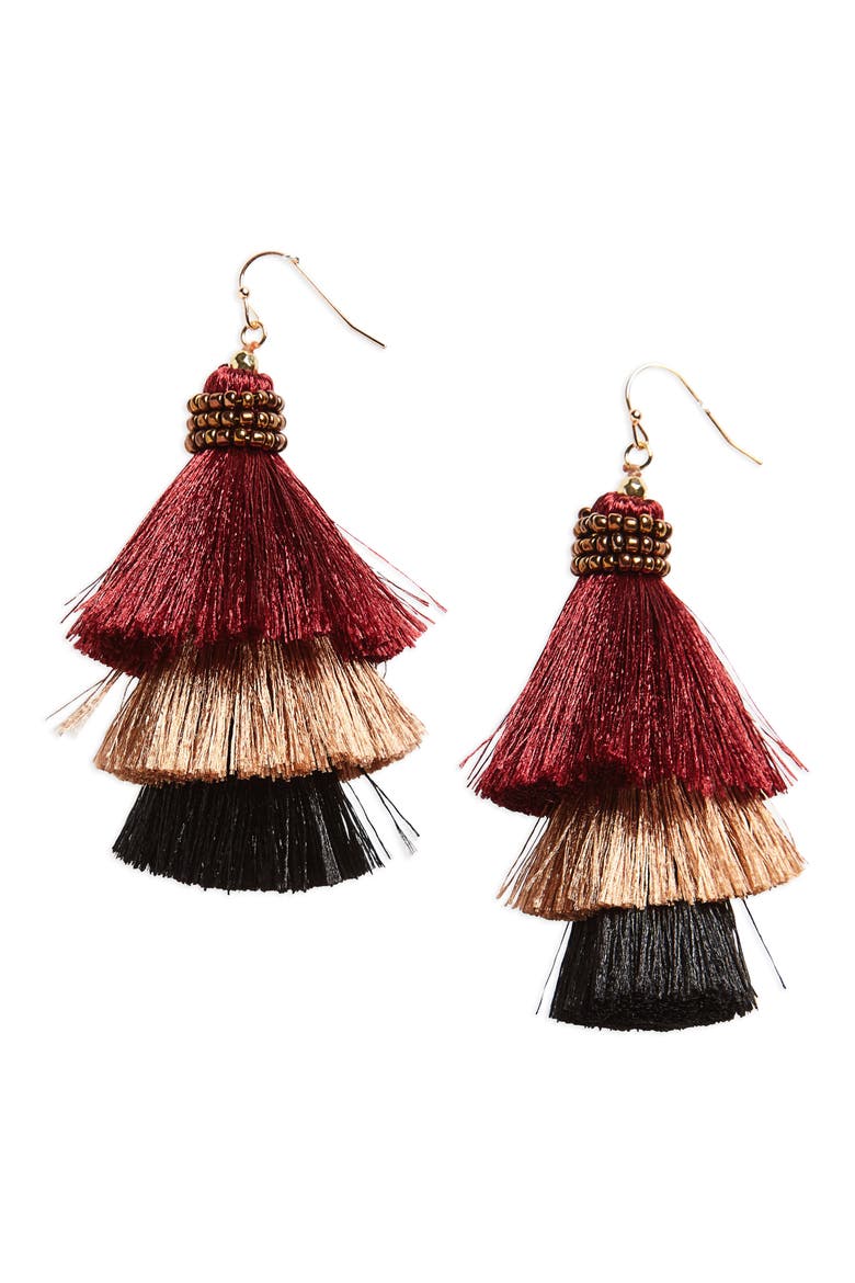 Tiered Tassel Earrings, Main, color, BURGUNDY