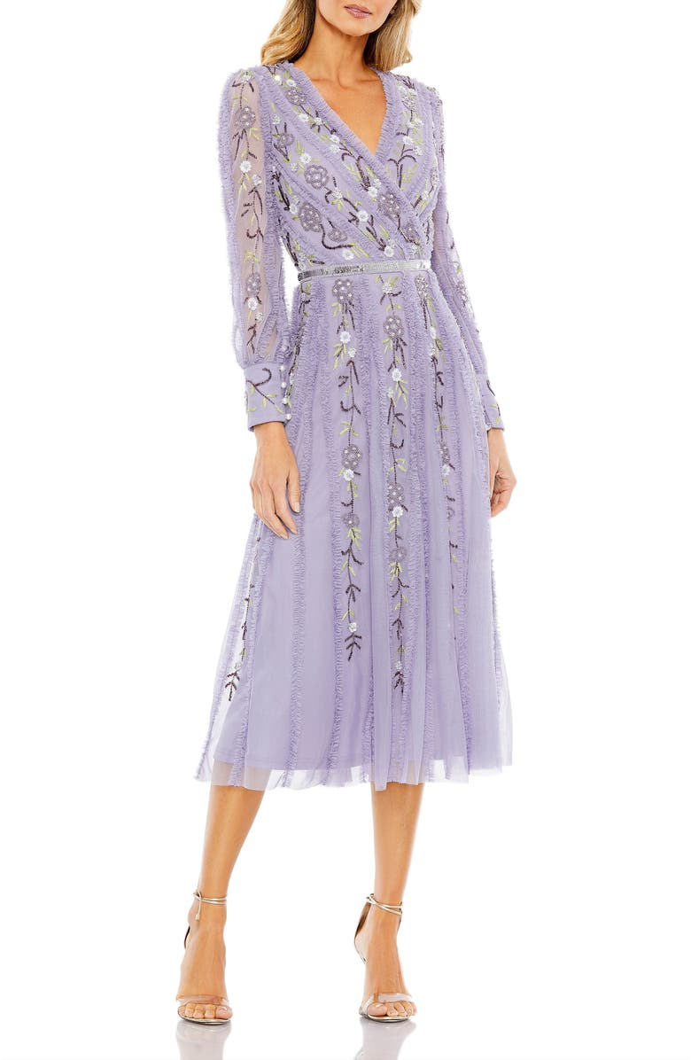 Mac Duggal Long Sleeve Embroidered Wrap Midi Dress, Main, color, 
