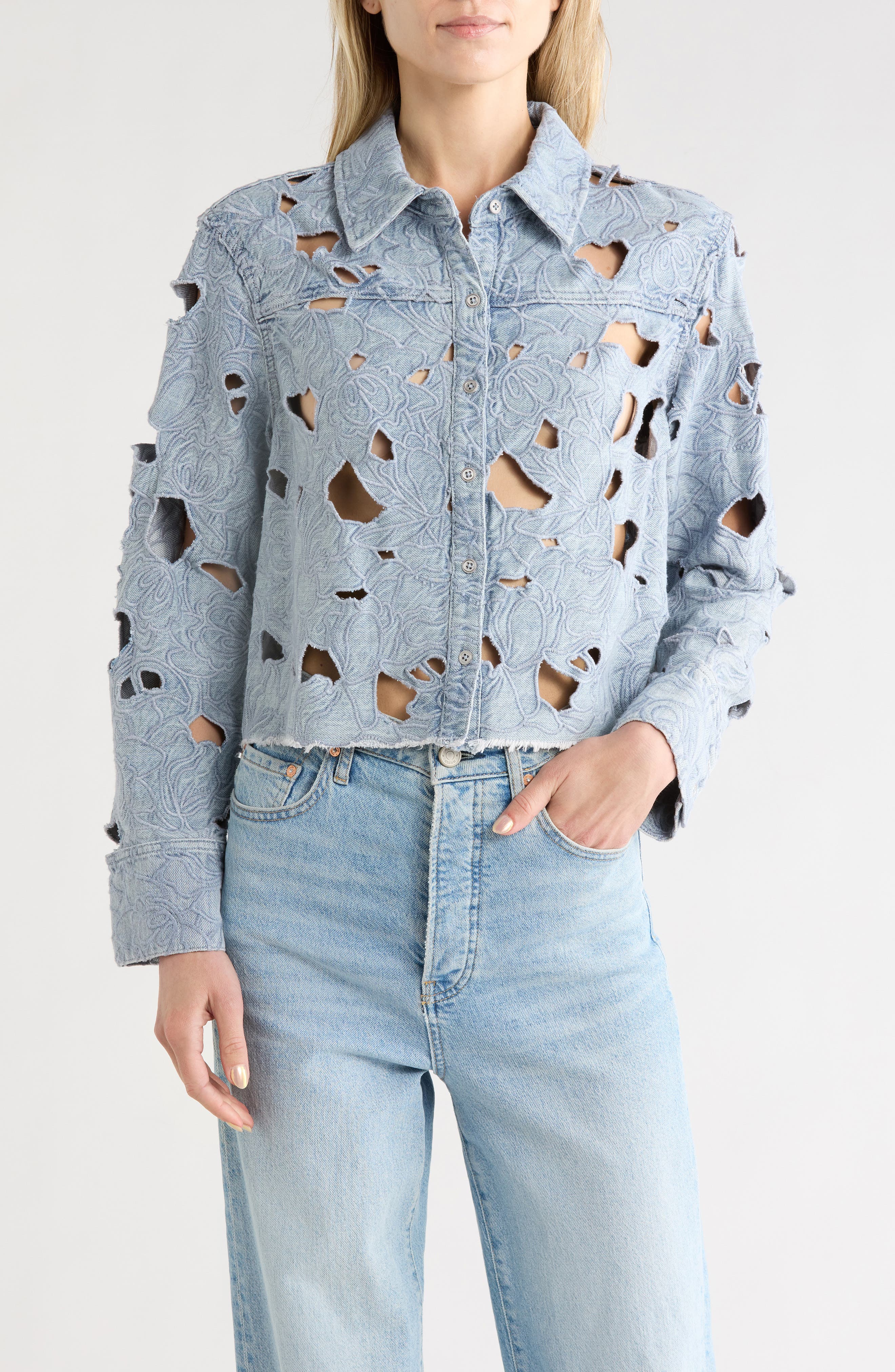 Alice + Olivia Embroidered Cutout Floral Denim Crop Shirt Jacket