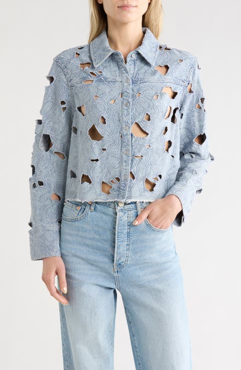 Embroidered Cutout Floral Denim Crop Shirt Jacket