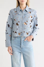 Alice + Olivia Embroidered Cutout Floral Denim Crop Shirt Jacket