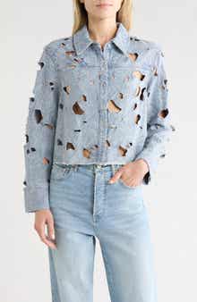 Alice + Olivia Embroidered Cutout Floral Denim Crop Shirt Jacket