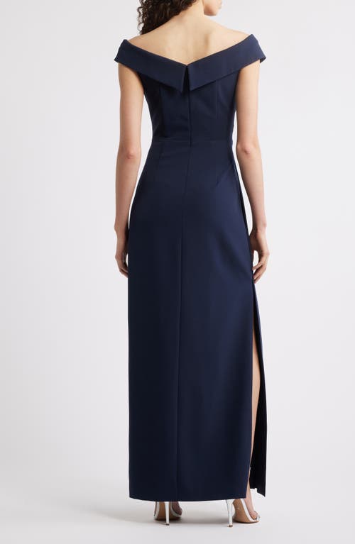 Shop Eliza J Social Portrait Collar Laguna Crepe Gown In Navy