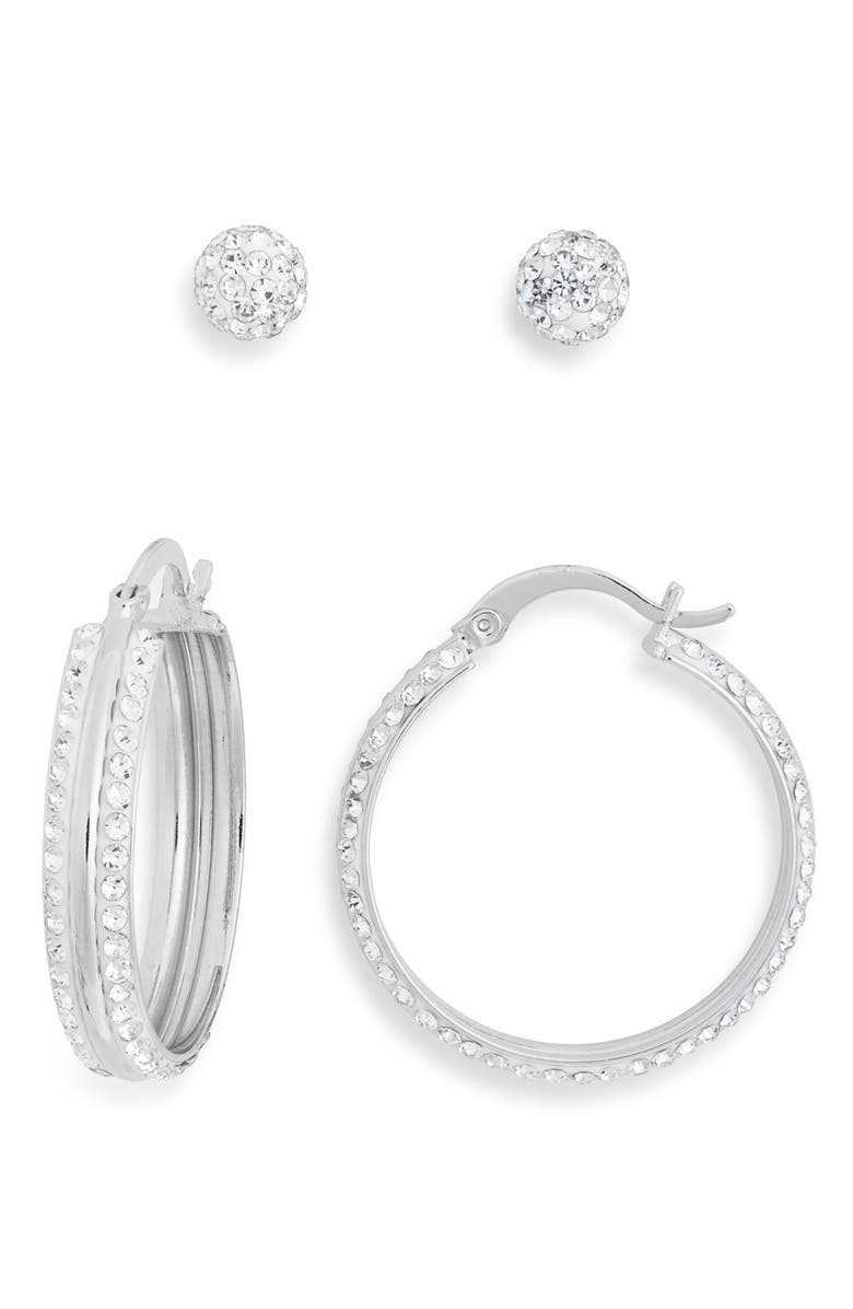 NORDSTROM RACK Set of 2 Cubic Zirconia Ball & Huggie Hoop Earrings, Alternate, color, Clear- Silver