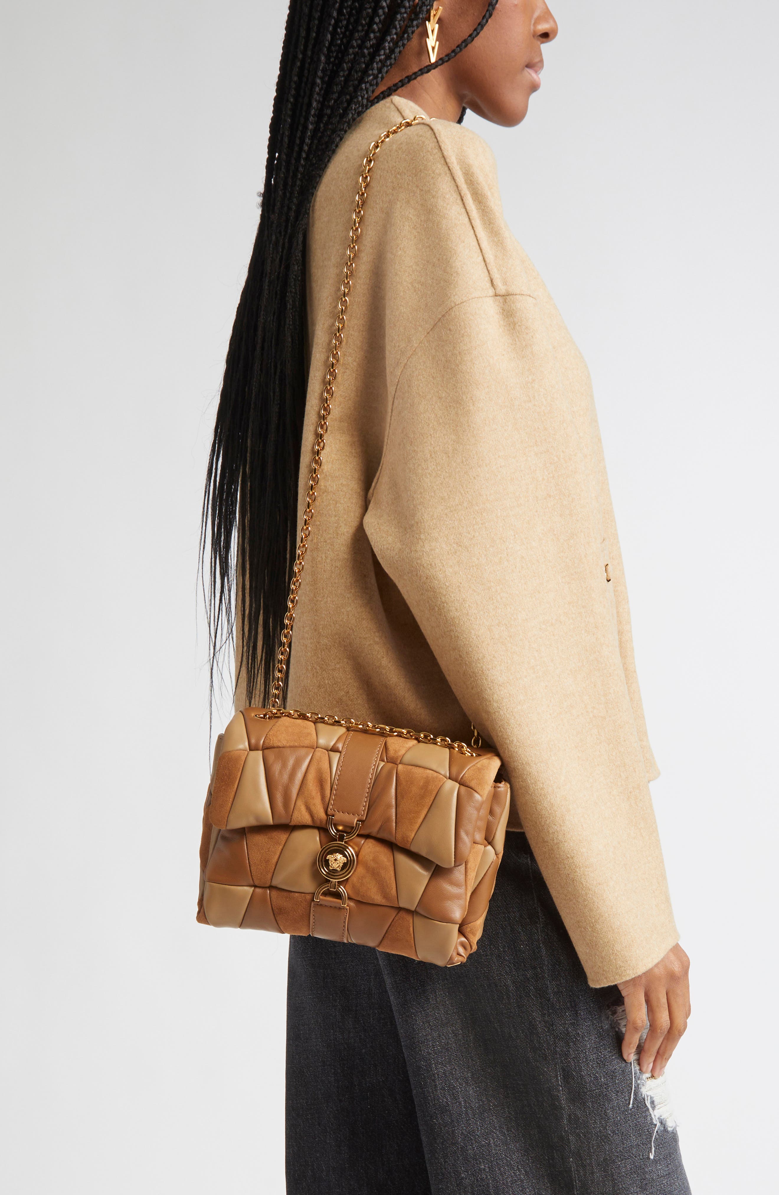 Versace Kleio Medusa 95 Quilted Patchwork Suede Shoulder Bag, Alternate, color, Brown Caramel Gold