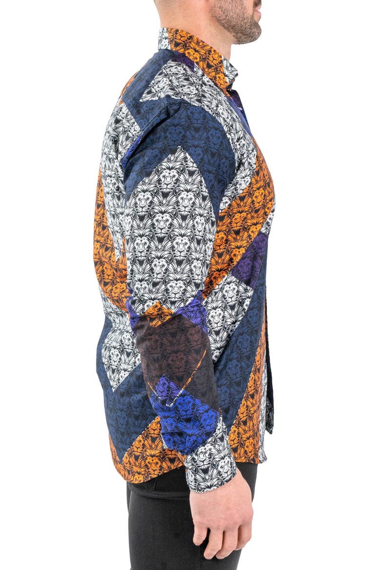 Fibonacci Lion Print Contemporary Fit Button-Up Shirt, Alternate, color, BLACK