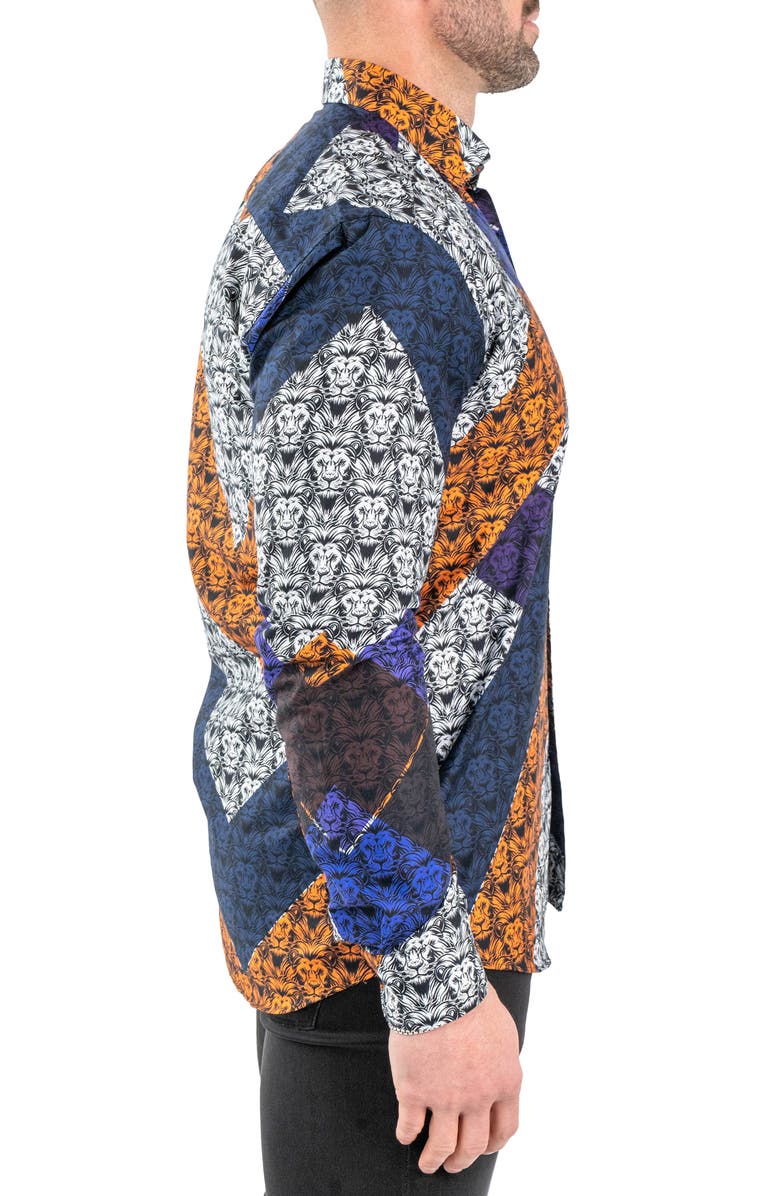 Maceoo Fibonacci Lion Print Contemporary Fit Button-Up Shirt, Alternate, color, Black