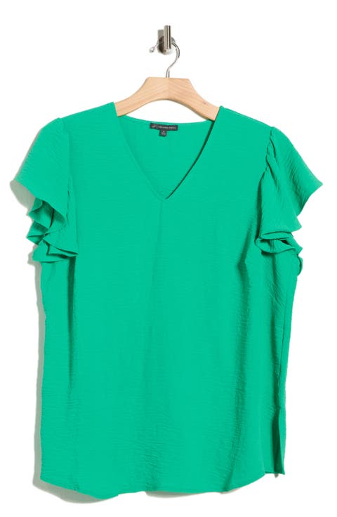 Flutter Sleeve V-Neck Blouse (Plus Size)