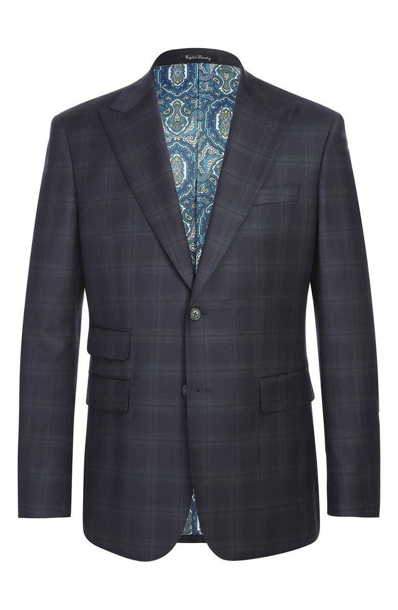 English Laundry Plaid Black Wool Blend Suit, Alternate, color, Black/ Olive