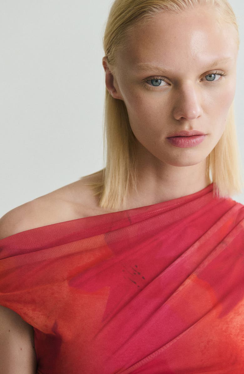 MANGO Floral Print Ruched One-Shoulder Midi Dress, Alternate, color, Fuchsia