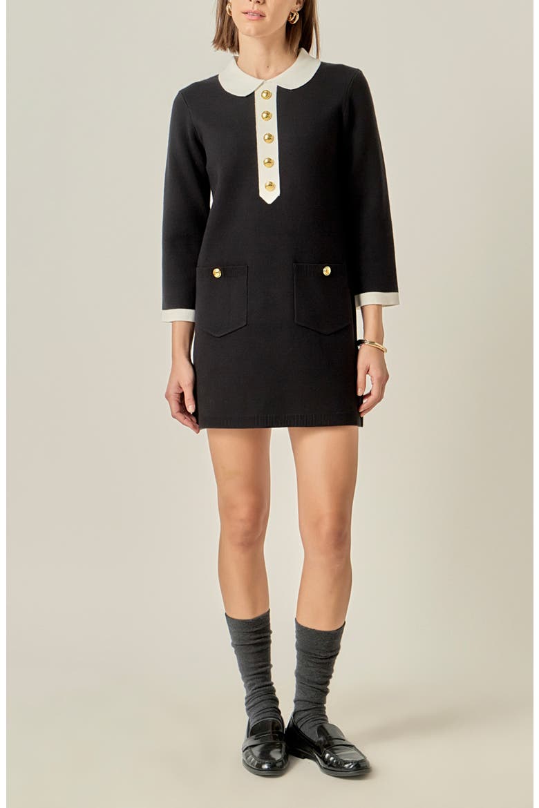 Collar Detail Knit Minidress, Alternate, color, BLACK/ OFF WHITE