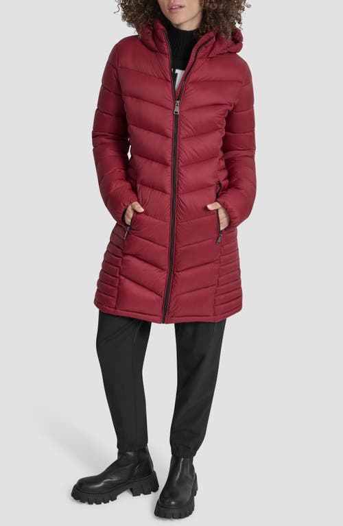 Dkny Cire Packable Hooded Longline Puffer Jacket In Burgundy