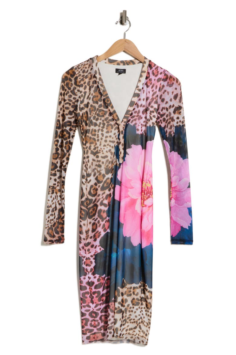Diane Long Sleeve Henley Dress, Alternate, color, ANIMAL BLOCK PEONY