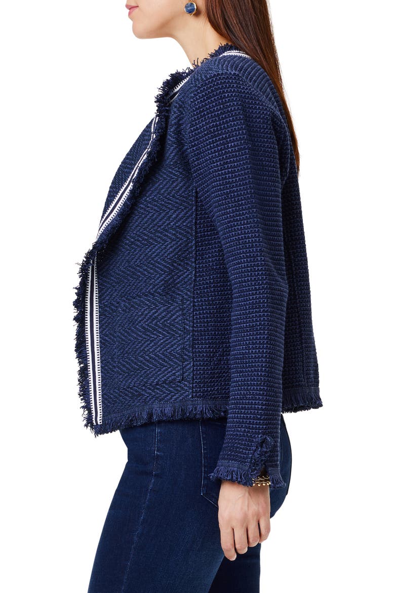 Ribbon Trim Fringe Mix Knit Jacket, Alternate, color, DARK INDIGO