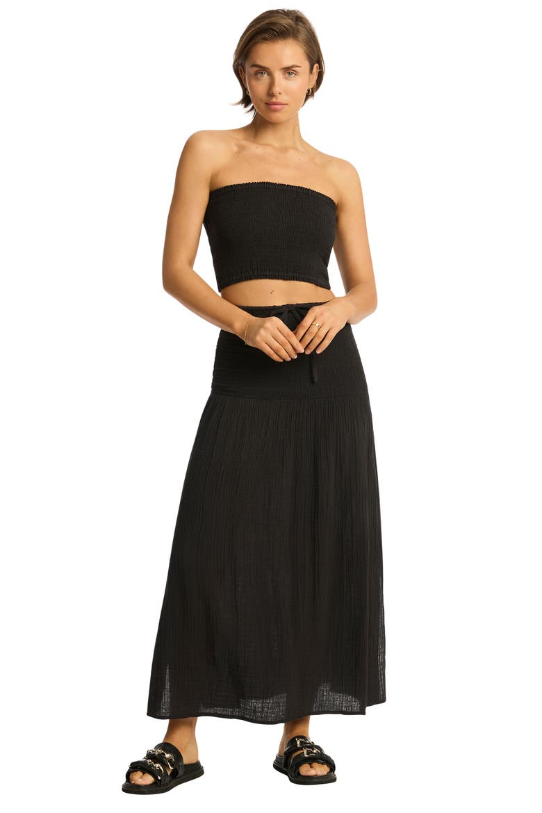 Sunset Strapless Cotton Gauze Cover-Up Top, Alternate, color, BLACK