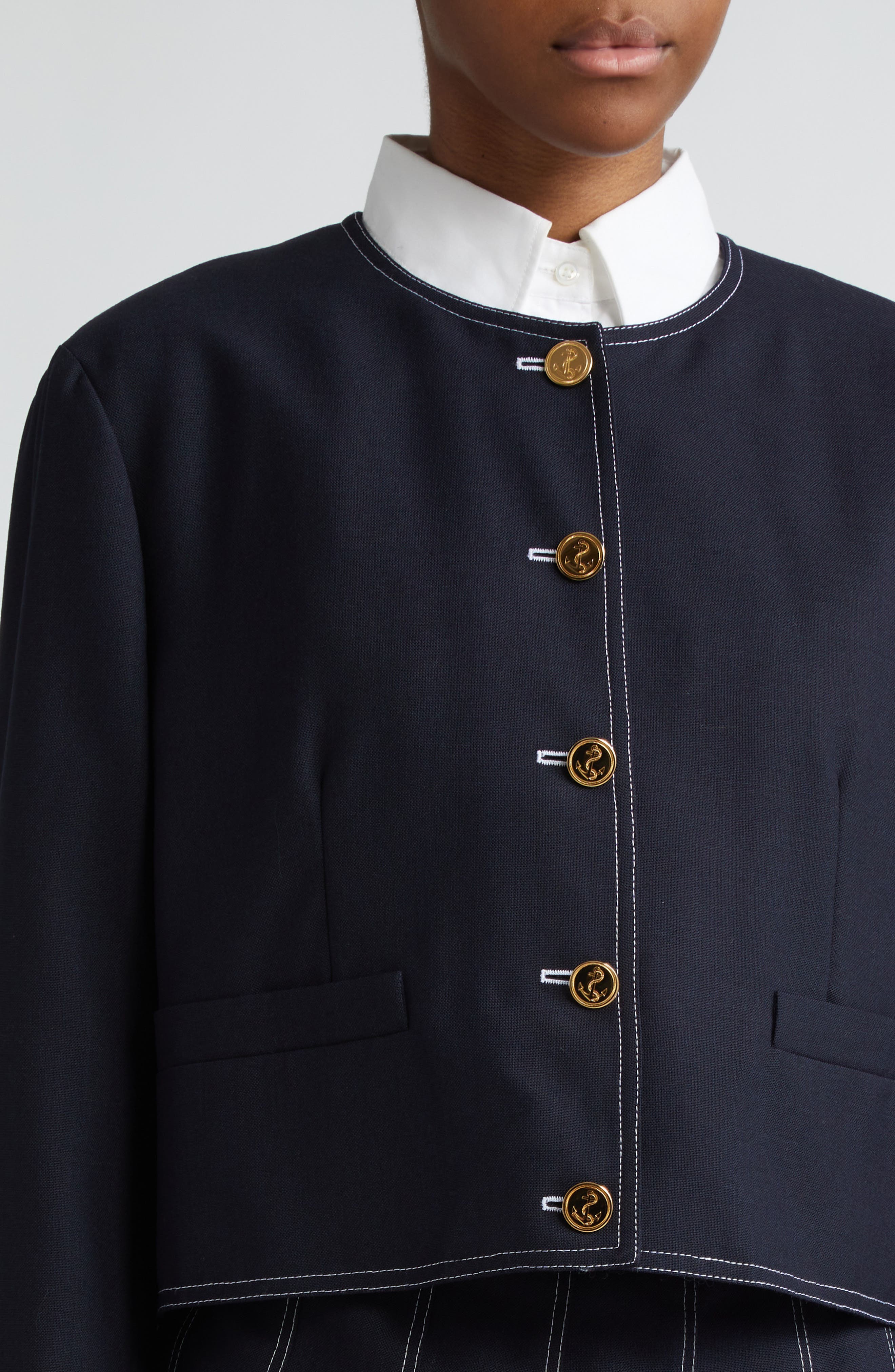 Cropped Wool Jacket with Buttoned Cuffs and Wide Collar - Blue main image 1